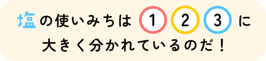 塩の使いみちは1,2,3に大きく分かれているのだ!